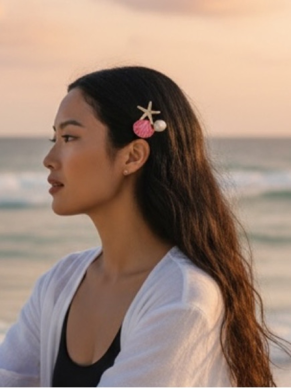 Pearl Enamel Seashell Starfish Accent Hair Clip (Set of 2)